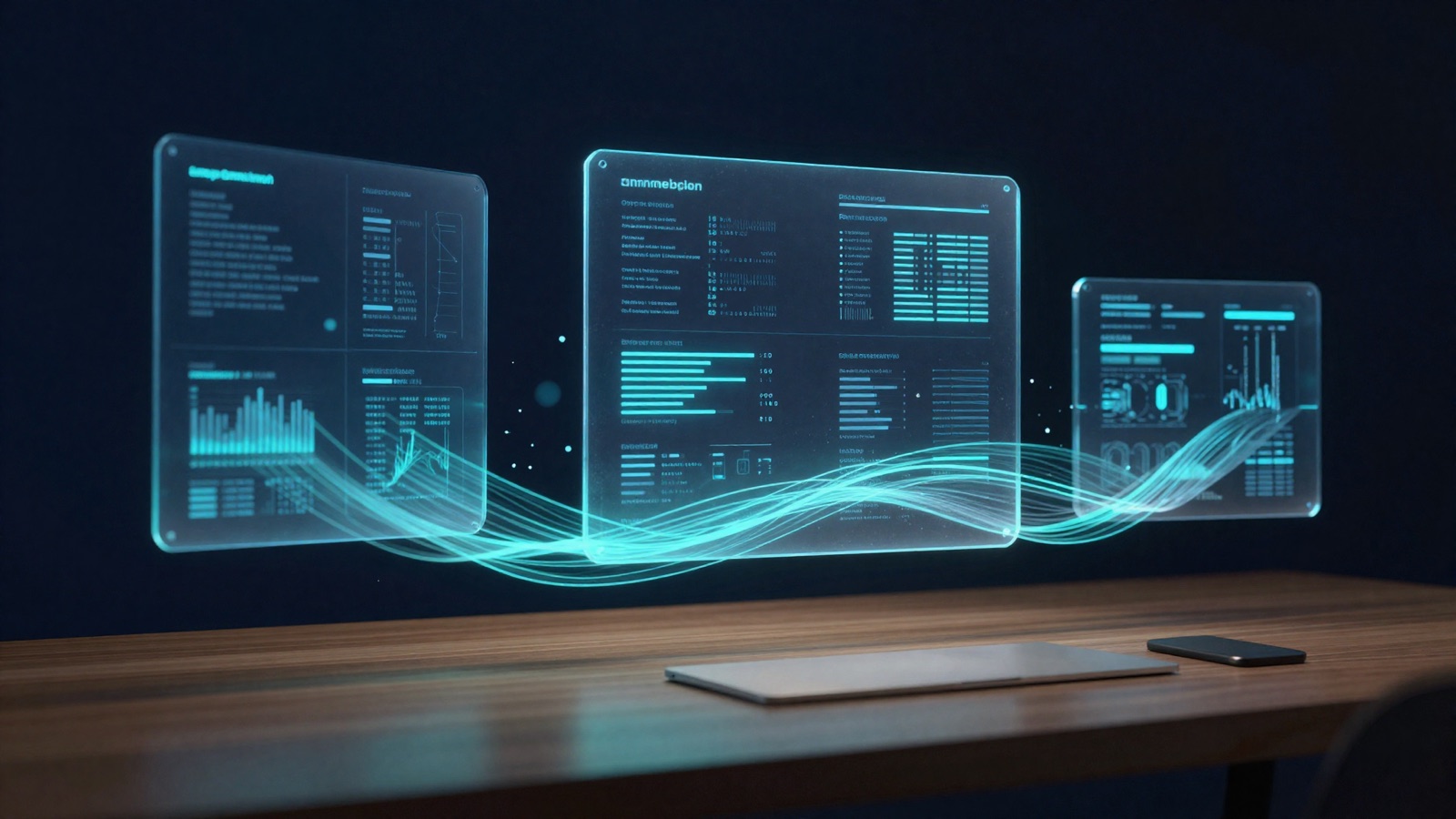 Floating dashboard panels and data ribbons above a minimalist desk, premium fintech aesthetic