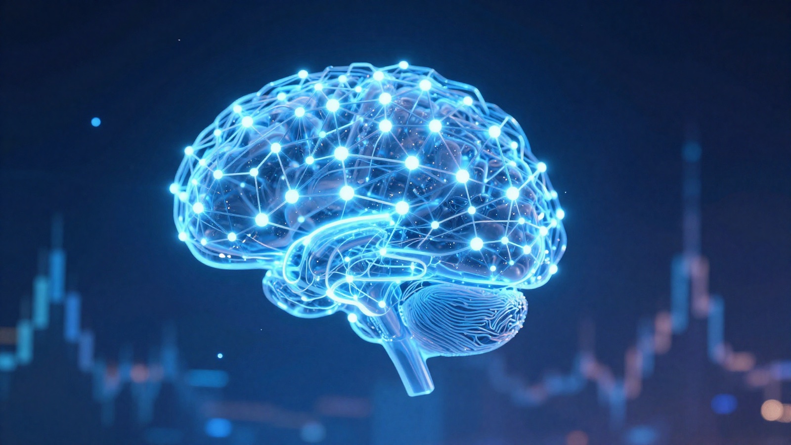 Glowing neural network brain overlaid on faded candlestick chart skyline