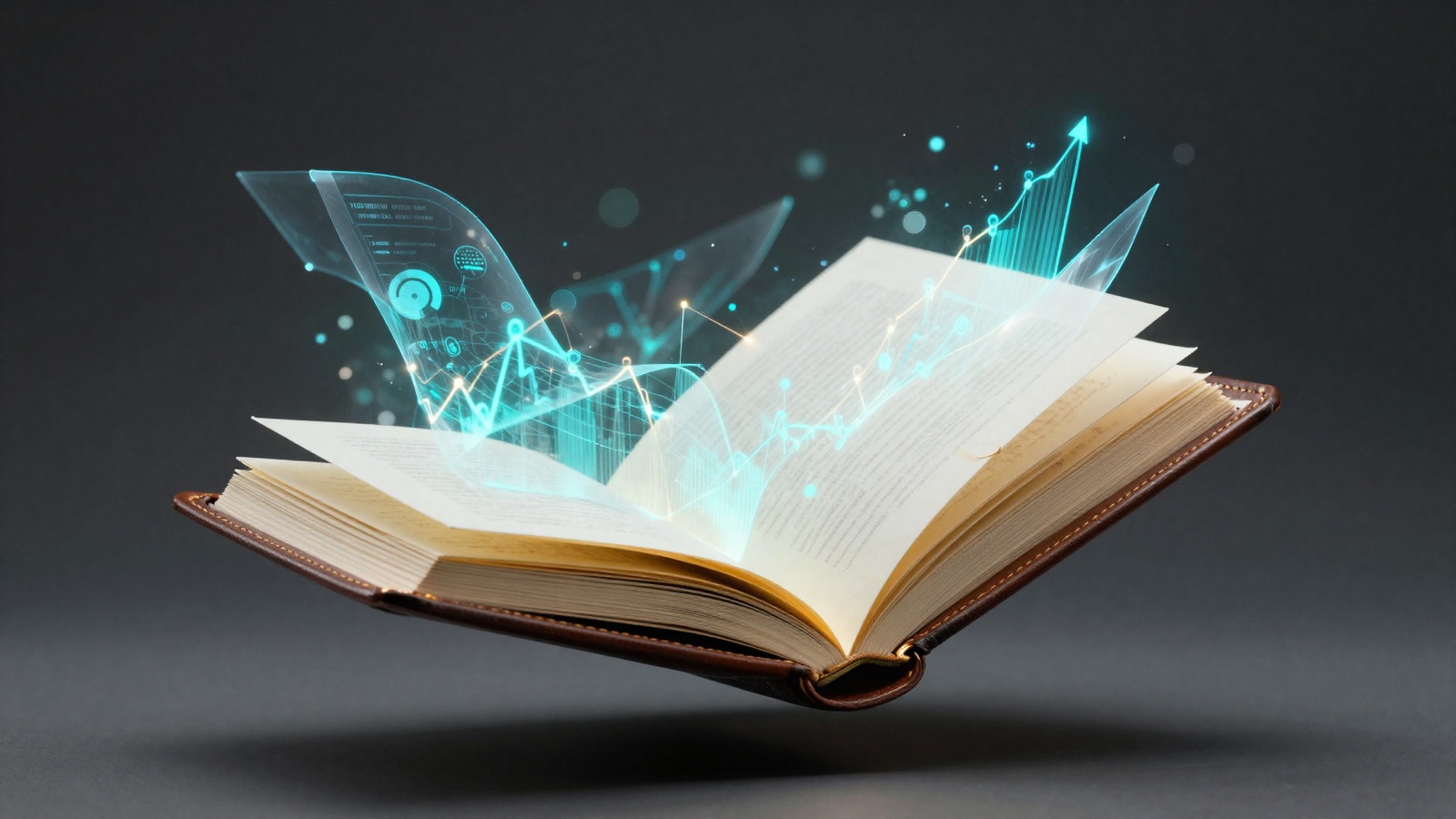 Leather-bound journal floating with luminous market data ribbons rising from its pages