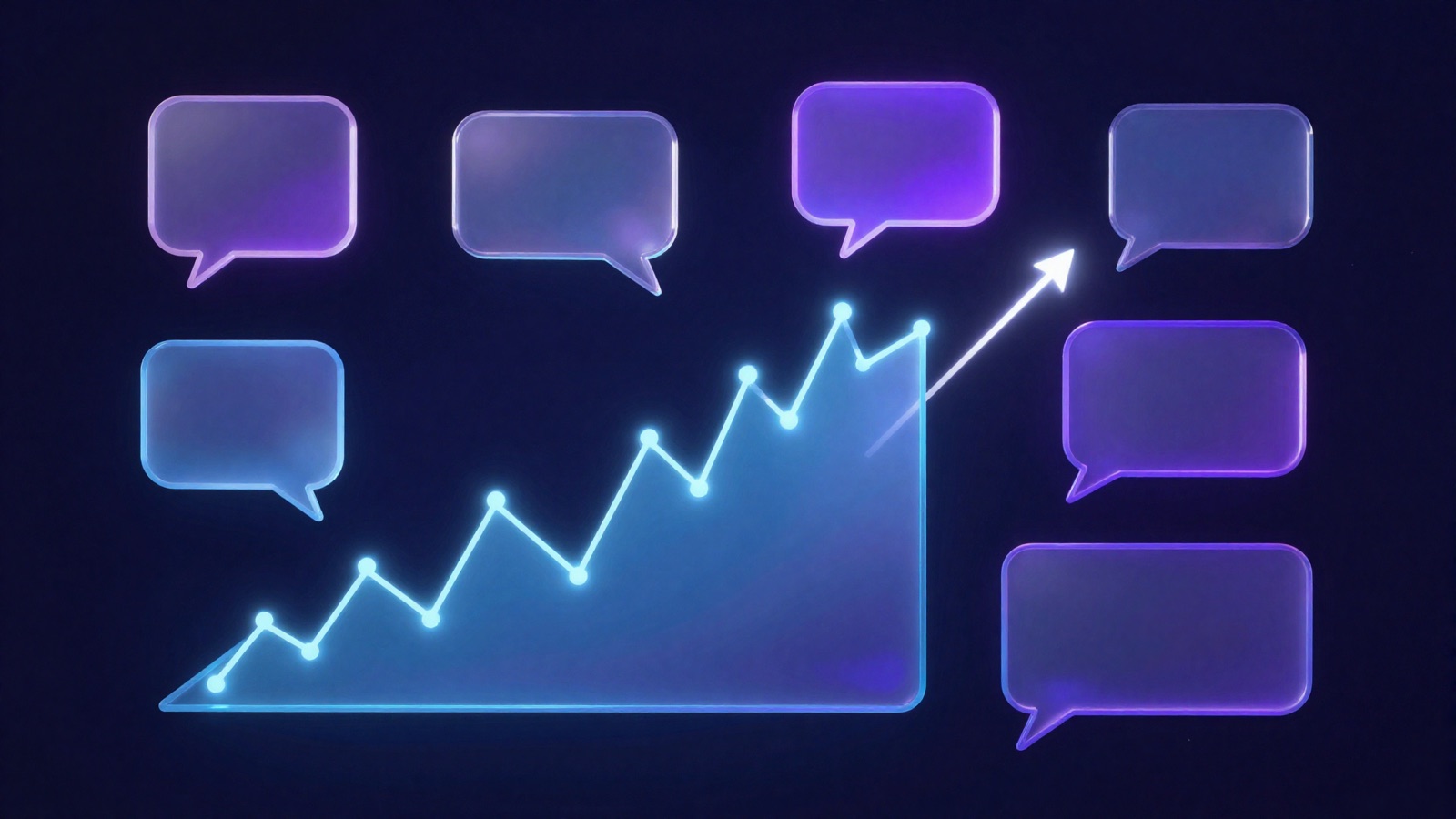 Holographic chat bubbles and geometric shapes connected to an abstract rising stock chart
