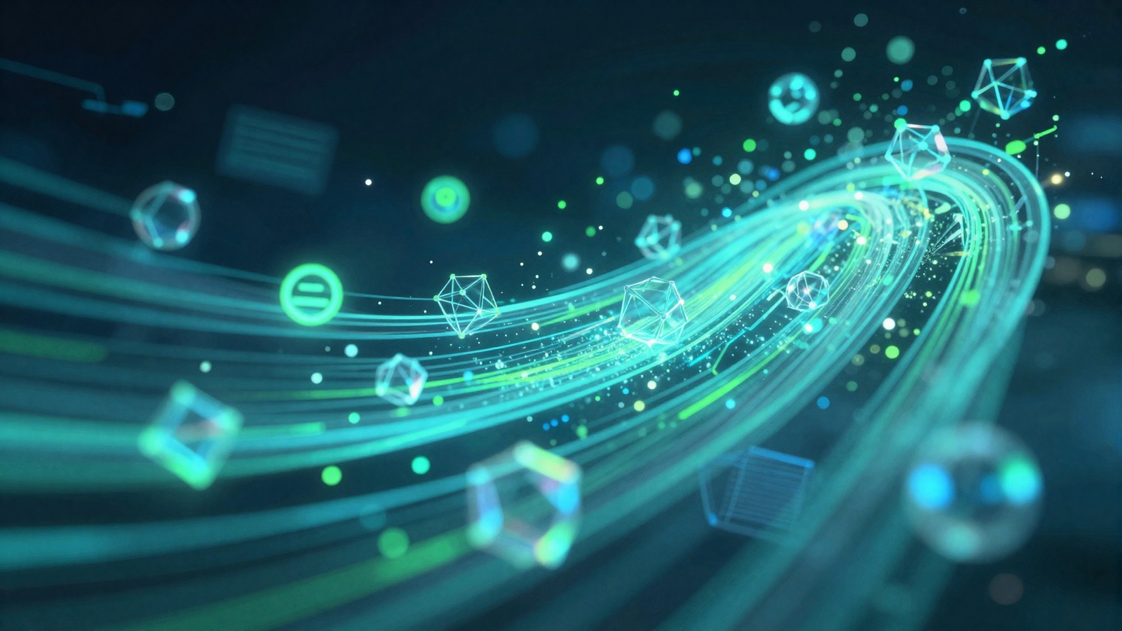 Flowing data ribbons connecting webhook nodes, abstract automation illustration