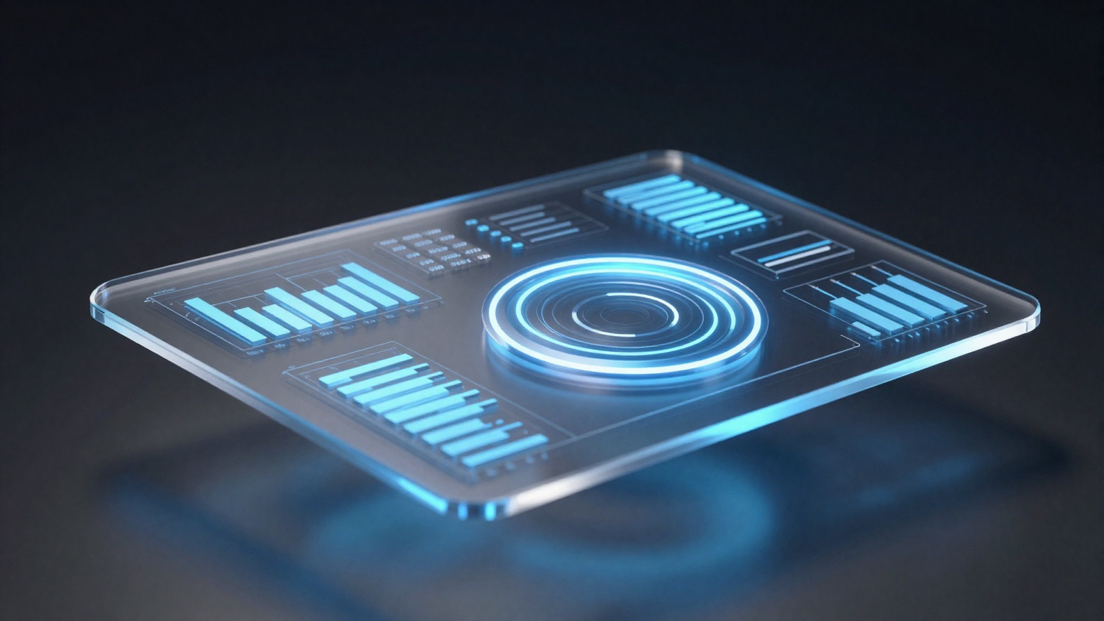Premium glass dashboard panel with glowing bar charts and progress rings in neon blue
