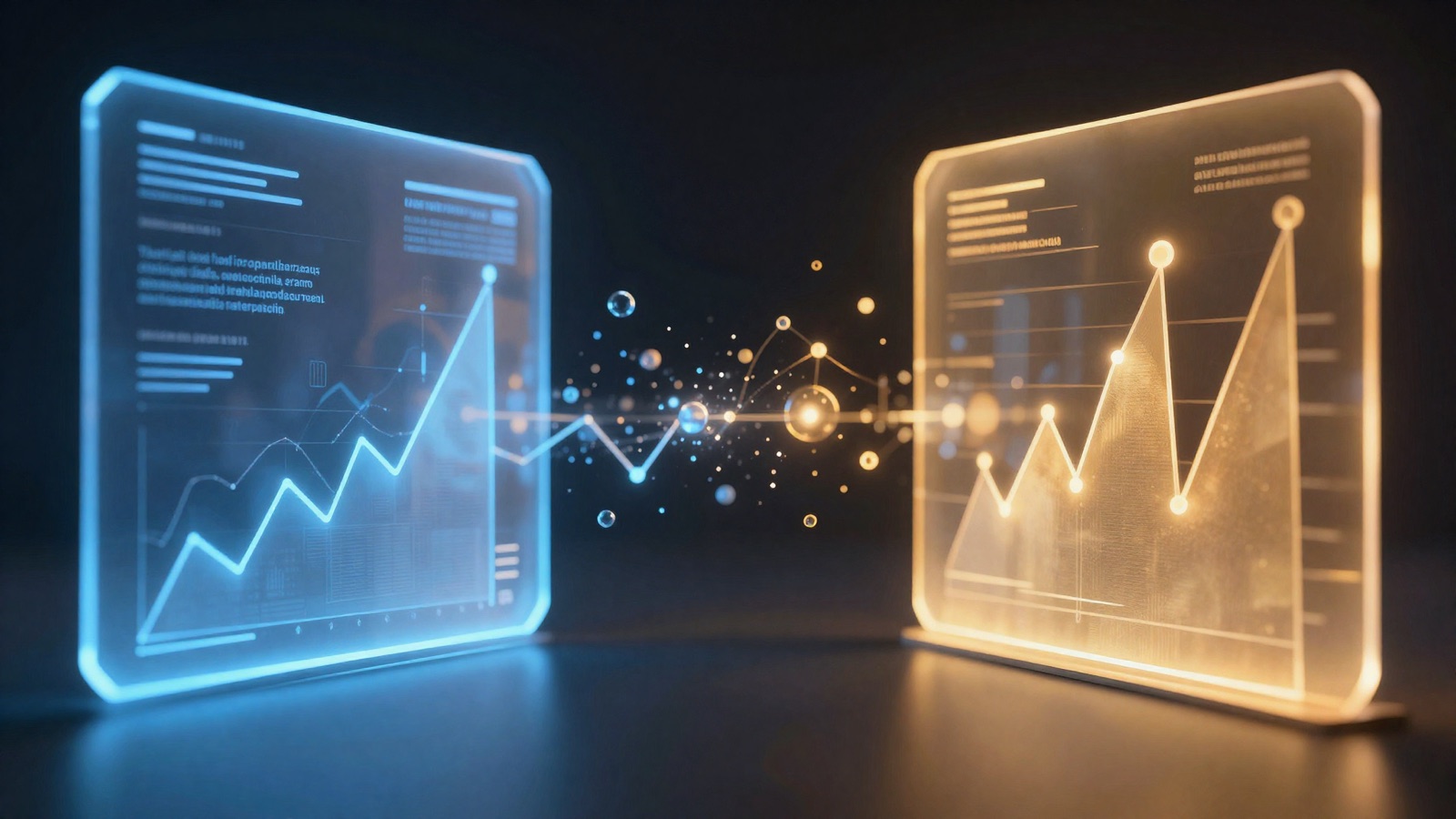 Two glowing holographic analytics panels facing each other in blue and amber comparison